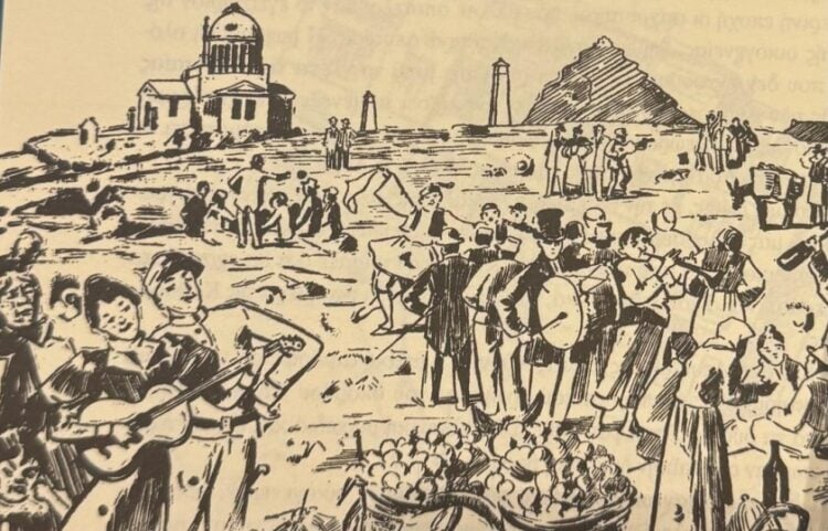 Σκίτσο από γλέντι Καθαράς Δευτέρας στις εξοχές της Αττικής, του περασμένου αιώνα (φωτ.: Εκδόσεις Polaris-Βιβλίο Μ. Λιδωρίκη)