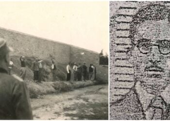 Αριστερά μία από τις ιστορικές φωτογραφίες του Βέλγου συλλέκτη, και δεξιά ένα σκίτσο που Ανέστη Λαζαρίδη