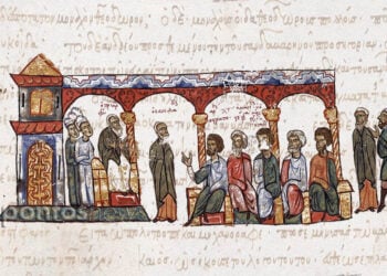 Ο πατριάρχης Φώτιος, επί θρόνου, συζητά με μαθητές του (από το χειρόγραφο του Σκυλίτζη, Εθνική Βιβλιοθήκη Μαδρίτης. Εικ.: Χριστίνα Κωνσταντάκη)