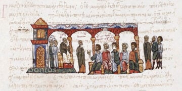 Ο πατριάρχης Φώτιος, επί θρόνου, συζητά με μαθητές του (από το χειρόγραφο του Σκυλίτζη, Εθνική Βιβλιοθήκη Μαδρίτης. Εικ.: Χριστίνα Κωνσταντάκη)