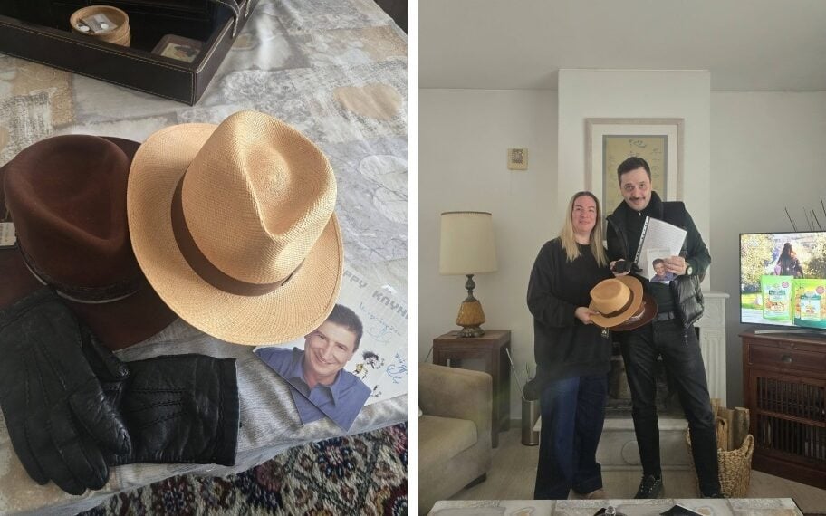 Τα αντικείμενα, αριστερά στη φωτογραφία, ανήκαν στον Χάρυ Κλυνν και δόθηκαν ως δώρο στον κωμικό Αλέξανδρο Τσουβέλα (πηγή: facebook.com/tsouvelas.ii?locale=el_GR)