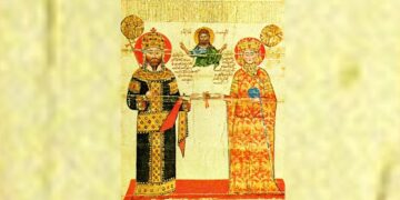 Ο Αλέξιος Γ’ Μέγας Κομνηνός με τη σύζυγό του Θεοδώρα σε μικρογραφία του κτητορικού χρυσοβούλου της Μονής Διονυσίου (φωτ.: commons.wikimedia.org)