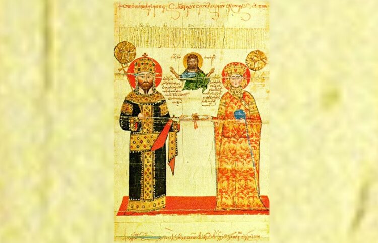 Ο Αλέξιος Γ’ Μέγας Κομνηνός με τη σύζυγό του Θεοδώρα σε μικρογραφία του κτητορικού χρυσοβούλου της Μονής Διονυσίου (φωτ.: commons.wikimedia.org)