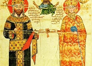 Ο Αλέξιος Γ’ Μέγας Κομνηνός με τη σύζυγό του Θεοδώρα σε μικρογραφία του κτητορικού χρυσοβούλου της Μονής Διονυσίου (φωτ.: commons.wikimedia.org)
