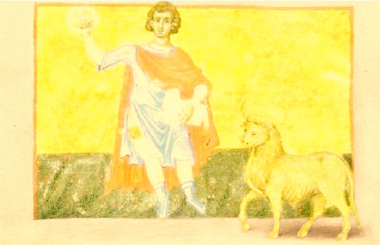 Απρίλιος. Μικρογραφία του μήνα από το χειρόγραφο Τυπικό της Μονής του Αγίου Ευγενίου Τραπεζούντας [1346]. Μητροπολίτου Τραπεζούντος Χρύσανθου, «Η Εκκλησία Τραπεζούντος». Από το Αρχείον Πόντου, του 1933 (πηγή: Επιτροπή Ποντιακών Μελετών)