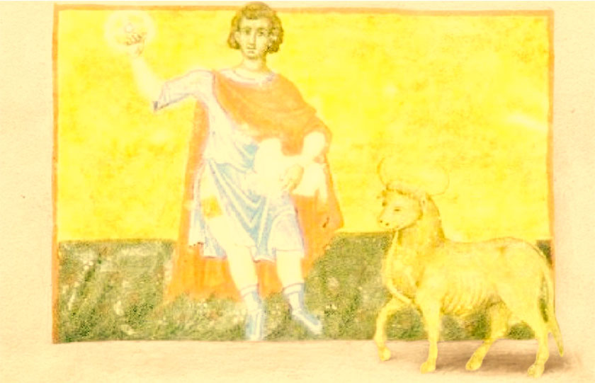 Απρίλιος. Μικρογραφία του μήνα από το χειρόγραφο Τυπικό της Μονής του Αγίου Ευγενίου Τραπεζούντας [1346]. Μητροπολίτου Τραπεζούντος Χρύσανθου, «Η Εκκλησία Τραπεζούντος». Από το Αρχείον Πόντου, του 1933 (πηγή: Επιτροπή Ποντιακών Μελετών)