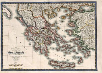 Χάρτης της Ελλάδας από γαλλικό άτλαντα του 19ου αιώνα, έργο του M. Lapie (1832), με  επιχρωματισμό στο χέρι (πηγή: umanismo.com)