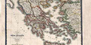 Χάρτης της Ελλάδας από γαλλικό άτλαντα του 19ου αιώνα, έργο του M. Lapie (1832), με επιχρωματισμό στο χέρι (πηγή: umanismo.com)