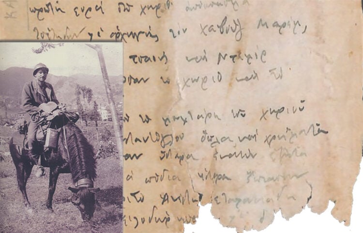 O Κώστας Φαλτάιτς στο μικρασιατικό μέτωπο και χειρόγραφό του (πηγή: Εθνολογικό και Λαογραφικό Μουσείο Μάνου και Αναστασίας Φαλτάιτς)