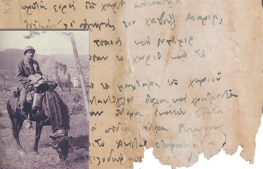 O Κώστας Φαλτάιτς στο μικρασιατικό μέτωπο και χειρόγραφό του (πηγή: Εθνολογικό και Λαογραφικό Μουσείο Μάνου και Αναστασίας Φαλτάιτς)