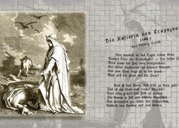 Το χαρακτικό του Wilhelm Obermann που συνοδεύει το ποίημα, και οι δύο πρώτες στροφές (εικ.: Χριστίνα Κωνσταντάκη)