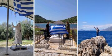 Αριστερά, το άγαλμα της Κυράς της Ρω, στο κέντρο επίσκεψη στον τάφο της και δεξιά ο βράχος όπου θα τοποθετηθεί ο ανδριάντας (φωτ.: facebook/Νικόλας Ασβέστης)