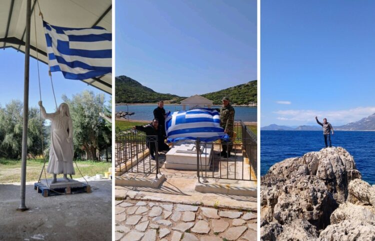 Αριστερά, το άγαλμα της Κυράς της Ρω, στο κέντρο επίσκεψη στον τάφο της και δεξιά ο βράχος όπου θα τοποθετηθεί ο ανδριάντας (φωτ.: facebook/Νικόλας Ασβέστης)