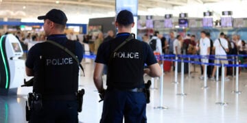 Κύπριοι αστυνομικοί στο αεροδρόμιο της Λάρνακας (φωτ.: EPA / Alex Mita)