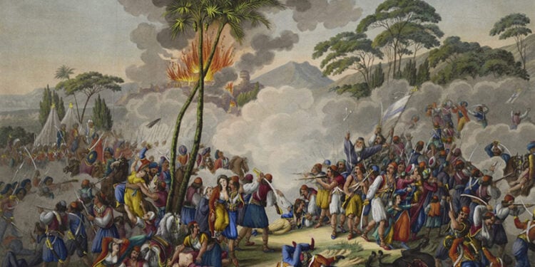 Η Έξοδος του Μεσολογγίου, 1826. Επιχρωματισμένη ακουατίντα – Μουσείο Μπενάκη