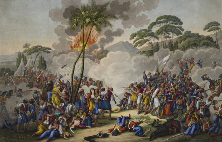 Η Έξοδος του Μεσολογγίου, 1826. Επιχρωματισμένη ακουατίντα – Μουσείο Μπενάκη