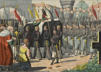 Ένα από τα εκθέματα: Η είσοδος των Σουλιωτών στο Μεσολόγγι με τη σορό του στρατηγού τους, Μάρκου Μπότσαρη, 1825