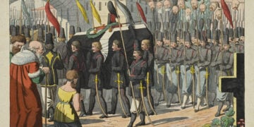 Ένα από τα εκθέματα: Η είσοδος των Σουλιωτών στο Μεσολόγγι με τη σορό του στρατηγού τους, Μάρκου Μπότσαρη, 1825