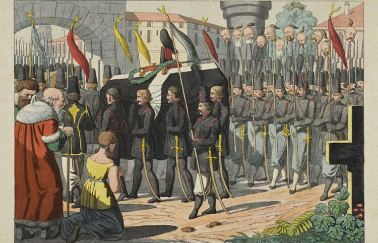 Ένα από τα εκθέματα: Η είσοδος των Σουλιωτών στο Μεσολόγγι με τη σορό του στρατηγού τους, Μάρκου Μπότσαρη, 1825