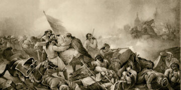 Ο θάνατος του Μάρκου Μπότσαρη (Mort de Marc Botsaris), από την έκδοση του René Puaux Grèce, «Terre aimée des Dieux». Παρίσι, 1932 (πηγή: Βιβλιοθήκη του Κοινωφελούς Ιδρύματος Αλέξανδρος Σ. Ωνάσης)