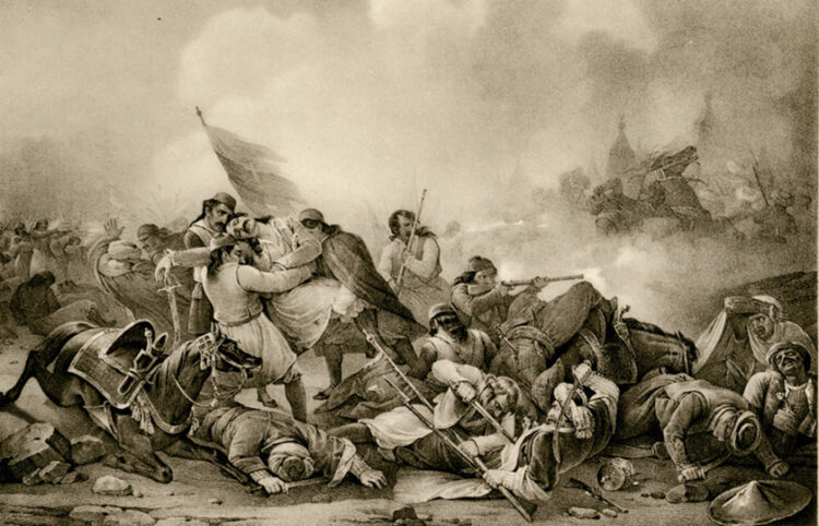 Ο θάνατος του Μάρκου Μπότσαρη (Mort de Marc Botsaris), από την έκδοση του René Puaux Grèce, «Terre aimée des Dieux». Παρίσι, 1932 (πηγή: Βιβλιοθήκη του Κοινωφελούς Ιδρύματος Αλέξανδρος Σ. Ωνάσης)