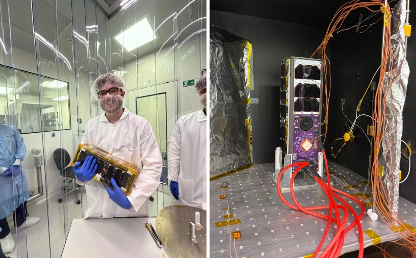 Μέλος της ομάδας SpaceDot κρατά στα χέρια του τον νανοδορυφόρο PeakSat, στο στάδιο της κατασκευής του (φωτ. αρχείου: facebook/SpaceDot)