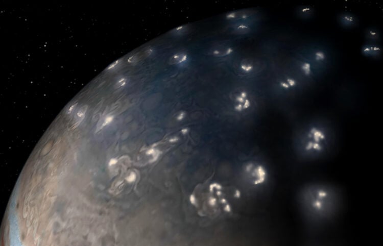 Καλλιτεχνική απεικόνιση κεραυνών στον πλανήτη Δία (πηγή: NASA / JPL-Caltech/SwRI / JunoCam)