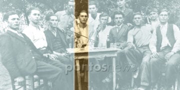 Παρέα νέων στον Καταχά,* άγνωστο ποια χρονιά. Στη λύρα ο νεαρός Γώγος Πετρίδης (πηγή: facebook / Καταχάς Πιερίας / Ένα χωριό μια ιστορία – Ανάρτηση: Panagiotis Koulaouzidis – Επεξεργασία: Χριστίνα Κωνσταντάκη)