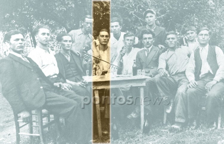 Παρέα νέων στον Καταχά,* άγνωστο ποια χρονιά. Στη λύρα ο νεαρός Γώγος Πετρίδης (πηγή: facebook / Καταχάς Πιερίας / Ένα χωριό μια ιστορία – Ανάρτηση: Panagiotis Koulaouzidis – Επεξεργασία: Χριστίνα Κωνσταντάκη)