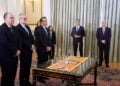 Μακάριος Λαζαρίδης, Ευάγγελος Τουρνάς και Μαργαρίτης Σχοινάς κατά την ορκωμοσία τους στο Προεδρικό Μέγαρο, Σάββατο 4 Απριλίου 2026 (φωτ.: EUROKINISSI / Γιώργος Κονταρίνης)