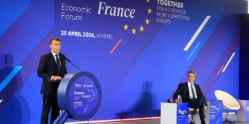 Ο Εμανουέλ Μακρόν στο Ελληνογαλλικό Επιχειρηματικό Φόρουμ, στο Κέντρο Πολιτισμού Ίδρυμα Σταύρος Νιάρχος, Σάββατο 25 Απριλίου 2026 (φωτ.: EUROKINISSI / Γιώργος Κονταρίνης)