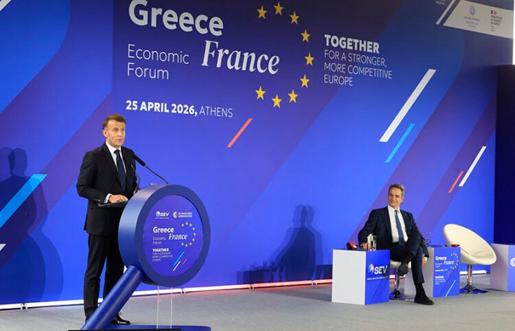 Ο Εμανουέλ Μακρόν στο Ελληνογαλλικό Επιχειρηματικό Φόρουμ, στο Κέντρο Πολιτισμού Ίδρυμα Σταύρος Νιάρχος, Σάββατο 25 Απριλίου 2026 (φωτ.: EUROKINISSI / Γιώργος Κονταρίνης)