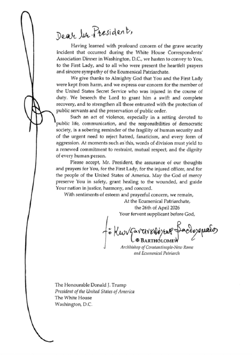 Μήνυμα συμπαράστασης του Οικουμενικού Πατριάρχη προς τον Ντόναλντ και τη Μελάνια Τραμπ