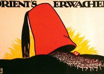 Η εικονογραφημένη πλευρά της «Καλλιτεχνικής Πολεμικής Ταχυδρομικής Κάρτας Αρ. 1 των J. C. König & Ebhardt, Αννόβερο», την οποία ο γραφίστας Heinz Keune τιτλοφόρησε γύρω στο 1914 ως «Το Ξύπνημα της Ανατολής» (πηγή: commons.wikimedia.org/wiki/File:Künstler-Kriegs-Postkarte)
