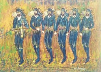 Έργο της Σοφίας Αμπερίδου από τη θεματική ενότητα «Πυρρίχιος - Σέρρα». Είναι ακρυλικό σε καμβά και έχει δημιουργηθεί το 2023 (πηγή: facebook.com/ ampersof)