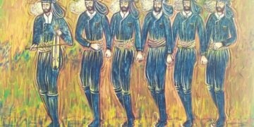 Έργο της Σοφίας Αμπερίδου από τη θεματική ενότητα «Πυρρίχιος - Σέρρα». Είναι ακρυλικό σε καμβά και έχει δημιουργηθεί το 2023 (πηγή: facebook.com/ ampersof)