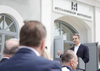 Ο Κυριάκος Μητσοτάκης στα εγκαίνια του Μουσείου «Θεσσαλονικέων Μητρόπολις», στο πρώην στρατόπεδο Παύλου Μελά, στη Σταυρούπολη (φωτ.: Γραφείο Τύπου Πρωθυπουργού / Δημήτρης Παπαμήτσος)