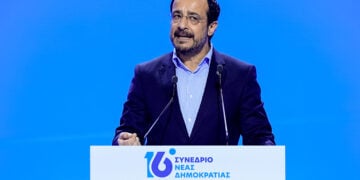 Ο Ν. Χριστοδουλίδης στο βήμα του 16ου Τακτικού Συνεδρίου της Νέας Δημοκρατίας (φωτ.: EUROKINISSI / Γι'ωργος Κονταρίνης)