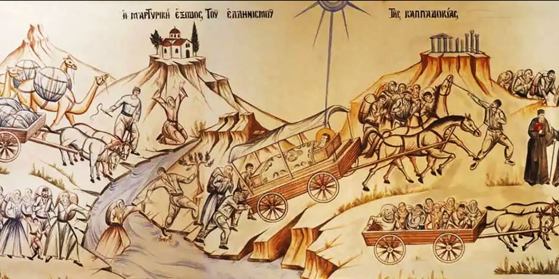 Η μαρτυρική έξοδος του ελληνισμού της Καππαδοκίας, με το σκήνωμα του Οσίου Ιωάννη του Ρώσου. Τοιχογραφία στο ναό στο Προκόπι Εύβοιας (πηγή: oir.gr)