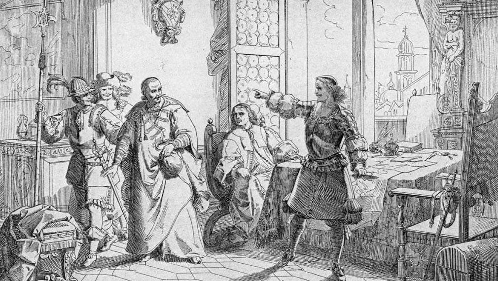 Ο Παναγιώτης Νικούσιος (τρίτος από αριστερά) μεταφέρει στον Φραντσέσκο Μοροζίνι τις οθωμανικές προτάσεις παράδοσης του Χάνδακα, σε φανταστική απεικόνιση του Τζουζέπε Λορέντσο Γκατέρι (πηγή: Wikipedia)