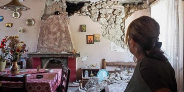 Ζημιές σε σπίτι από τους ισχυρούς σεισμούς που σημειώθηκαν σήμερα στην Εύβοια (φωτ.: EUROKINISSI / Θοδωρής Νικολάου)