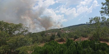 Καπνός από τη φωτιά στο Δερβένι Θεσσαλονίκης, όπως φαίνεται από τη Λητή (πηγή: Facebook / Πυρκαγιά Ενημέρωση)