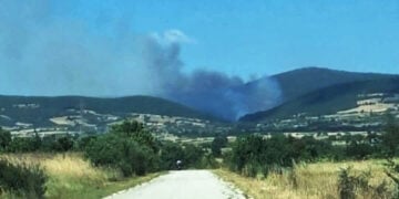 Καπνός από τη φωτιά στην Παλαιά Κρωβύλη του Δήμου Μαρωνείας-Σαπών (φωτ.: Facebook / FireNews Greece)