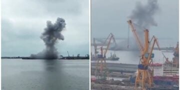 Δύο στιγμιότυπα από βίντεο που τραβήχτηκαν μετά την έκρηξη στο λιμάνι της Κωνστάντζας (πηγή: Χ)