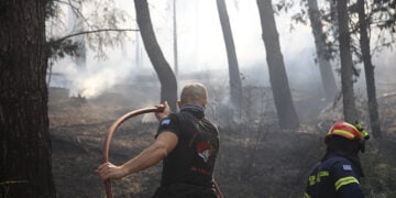Πυροσβέστης και εθελοντής επιχειρούν μέσα σε δασική έκταση κοντά στο Λητή Ωραιοκάστρου. Τρίτη 30 Ιουνίου 2026 (φωτ.: EUROKINISSI / Βασίλης Βερβερίδης)