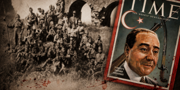 «Τράλλεις: Η ομάς των Ελλήνων Προσκόπων Αϊδινίου» έγραφε η λεζάντα της φωτογραφίας. Ένθετο το εξώφυλλο του ΤΙΜΕ με τον Μεντερές, το 1958 (εικ.: Γεωργία Βορύλλα)