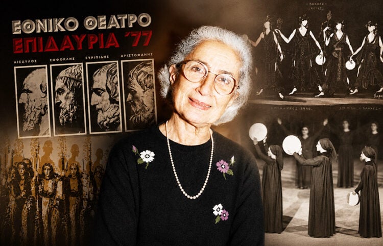H Nτόρα Τσάτσου-Συμεωνίδη και στιγμιότυπα από δουλειές της, με φωτογραφίες από το αρχείο του Εθνικού Θεάτρου (εικ.: Γεωργία Βορύλλα)