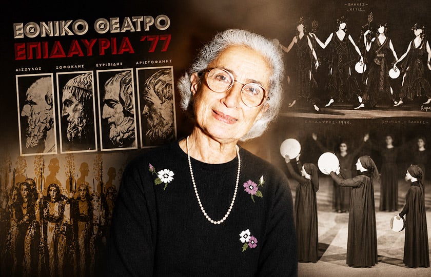 H Nτόρα Τσάτσου-Συμεωνίδη και στιγμιότυπα από δουλειές της, με φωτογραφίες από το αρχείο του Εθνικού Θεάτρου (εικ.: Γεωργία Βορύλλα)