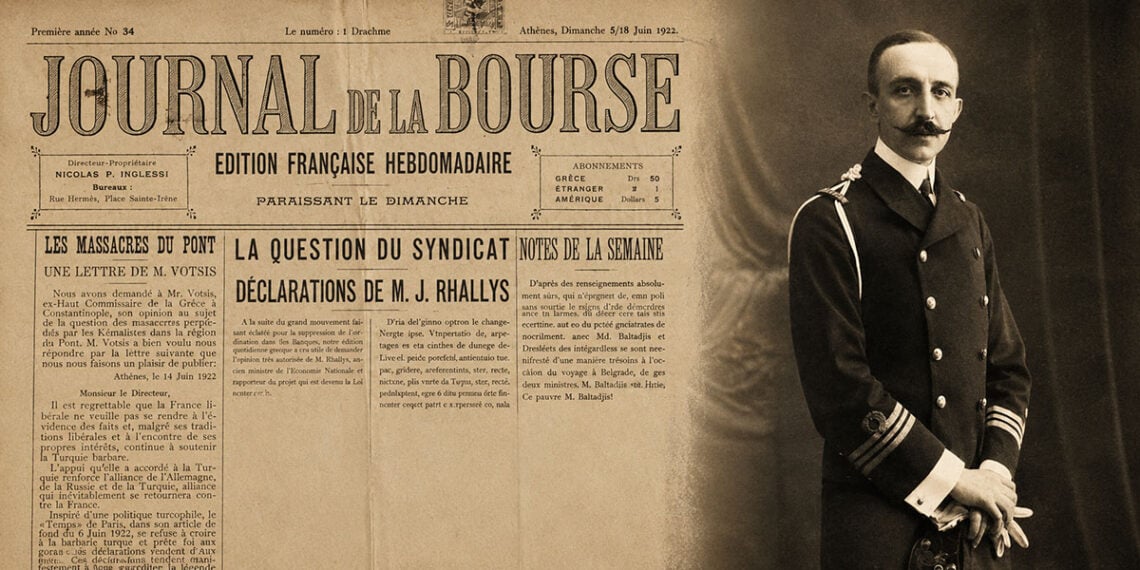 Αριστερά στο πρωτοσέλιδο της Journal de la Bourse και δεξιά ο Νικόλαος Βότσης με τη στολή του κατά τη διάρκεια των Βαλκανικών Πολέμων (πηγές: Επιτροπή Ποντιακών Μελετών και Wikipedia)