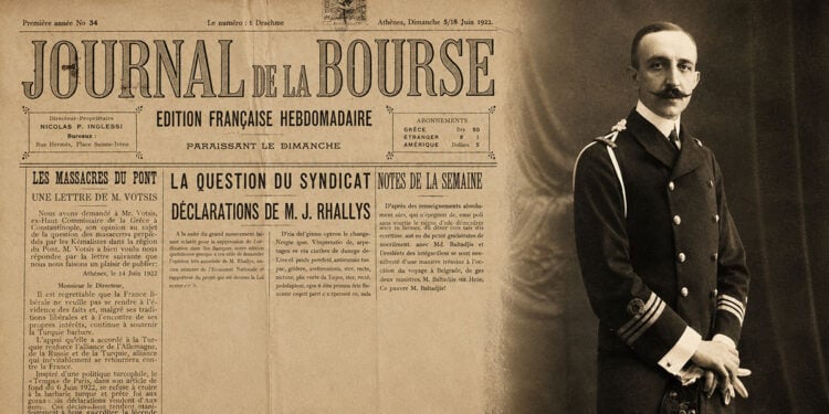 Αριστερά στο πρωτοσέλιδο της Journal de la Bourse και δεξιά ο Νικόλαος Βότσης με τη στολή του κατά τη διάρκεια των Βαλκανικών Πολέμων (πηγές: Επιτροπή Ποντιακών Μελετών και Wikipedia)